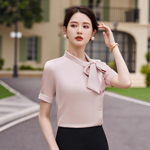 Women's Bow Tie Short Sleeve Blouse Solid Color Satin Work Shirt Professional Elegant Office Wear - Product Image 3