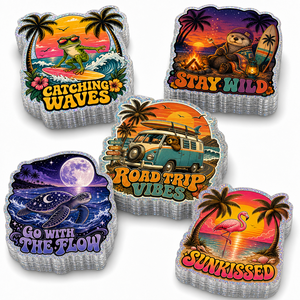 Paquete de Pegatinas Holográficas Personalizadas Vintage para Viajes al Aire Libre, Vinilo Recortado, Diseño Retro de Autocaravana y Arte Marino para Botellas de Agua y Laptops - Product Image 1