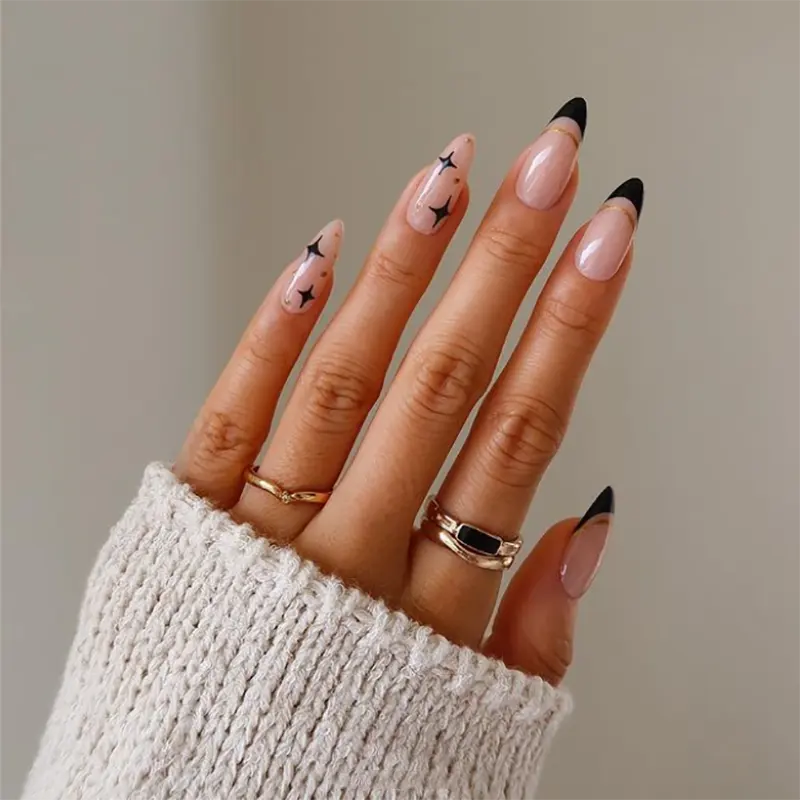 Pontas de unhas francesas elegantes, transparentes, preto, estrela clara, longa duração, cobertura completa em unhas, etiqueta íntima, unhas falsas