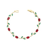Bracelet Jonc Hypoallergénique en Laiton Plaqué Or 14K avec Feuille de Vigne et Zircon Cubique Rouge pour Femme - Vente en Gros