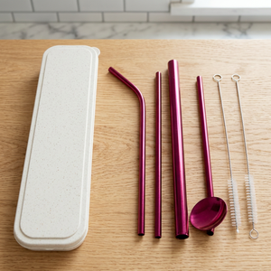Reusable Metal <b>Drinking</b> <b>Straws</b> Set with Spoon and Cleaner 5 Pack Pink Modern Cocktail Bar Accessories - Product Image 5