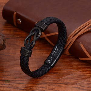 Black <b>Leather</b> Stainless Steel <b>Bracelet</b> Magnetic Twist Men's Everyday Wear 7.5 8.5 9 Inches Yiwu Origin - Product Image 2