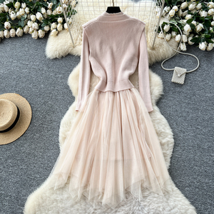 两件套汗衫优雅两件套秋季无袖背心长袖针织连衣裙网眼面板分层两件套女装 - Product Image 4