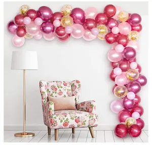 Kit Lengkungan Balon & Karangan Bunga, Merah Anggur, Merah Muda, Konfeti Emas, dan Balon Lateks Logam Mawar dengan Pita Strip Balon 16 Kaki