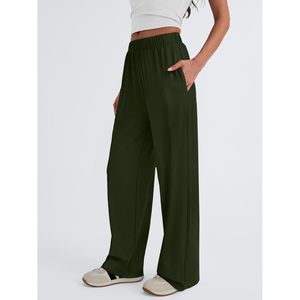 Pantalon palazzo à taille haute pour femmes, à jambes larges, extensible, côtelé, avec poches, pantalon décontracté pour la maison, respirant, en coton tricoté - Product Image 3
