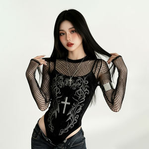 Camisa de manga larga de dos piezas para mujer, estilo oscuro, con estampado de bloques de color, sexy, ajustada, para verano - Product Image 2