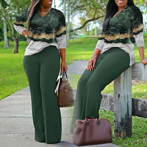 Yuhong Yuhong Primavera Otoño Nueva Ropa de Talla Grande para Mujer, Conjunto Casual de Dos Piezas con Camiseta de Manga Larga Estampada y Pantalones - Product Image 1