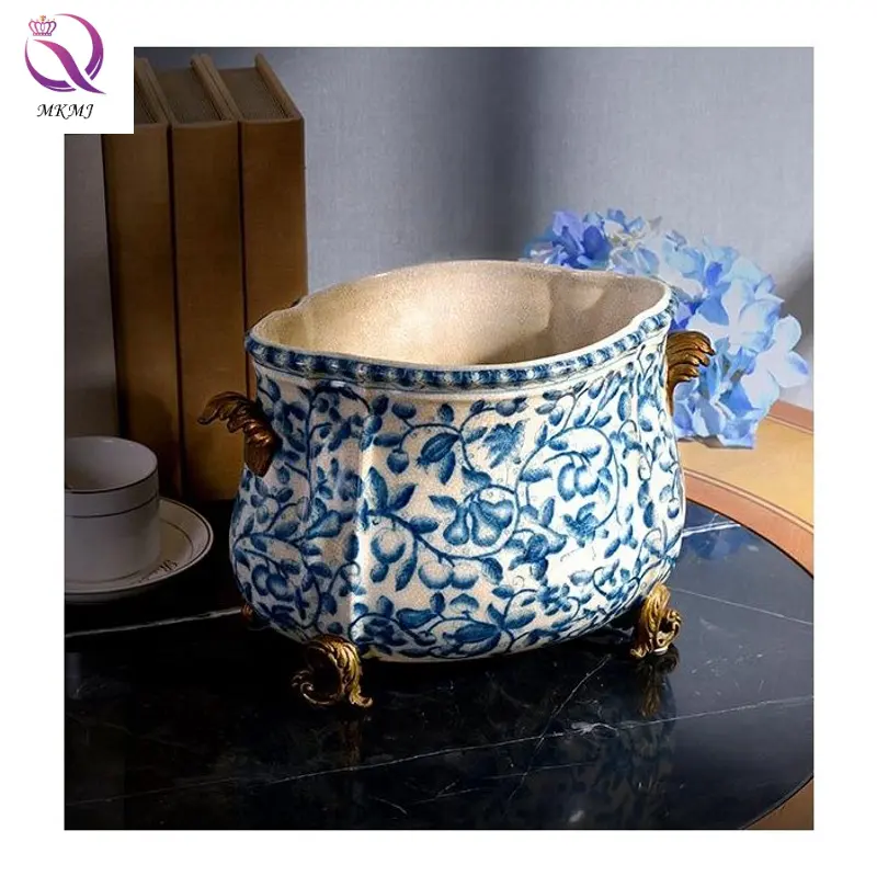 Vaso de planta oval de porcelana, azul e branco, vaso decorativo europeu, vintage para decoração de casa, cantão-mundo