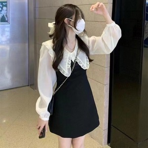 Peter Pan Collar Long Sleeve Dress Black A-Line Solid Color Splicing Natural Waistline Career Dress - Product Image 3