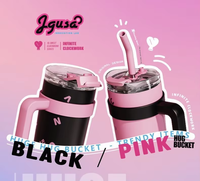 Nouvelle tasse isotherme noire et rose pour thé glacé, en acier inoxydable 304, grande capacité, avec poignée et paille, 40 oz, pour voiture