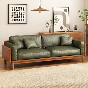 Nordic Solid Wood And Genuine Leather Straight Sofa Cherry Wood Color <b>Walnut</b> Color Upholstered Living Room Furniture - Product Image 2