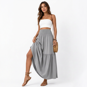 Women Grey Natural Waist Smocked Crocheted Floor-Length A-Line Design Eco-Friendly Breathable Casual <b>Summer</b> <b>Skirt</b> - Product Image 1