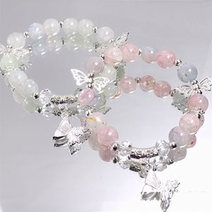 Korean Pink Crystal Butterfly Pendant <b>Beaded</b> <b>Bracelet</b> for Women 10mm Sweet Beads Chain <b>Bracelets</b> Girlfriend Jewelry Gifts - Product Image 5