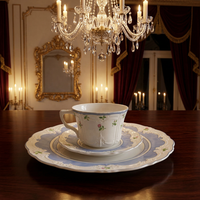 Service de vaisselle vintage floral en céramique pour restaurant et café, assiettes, tasses et soucoupes à bord bleu rose, vaisselle d'hôtel, vente en gros
