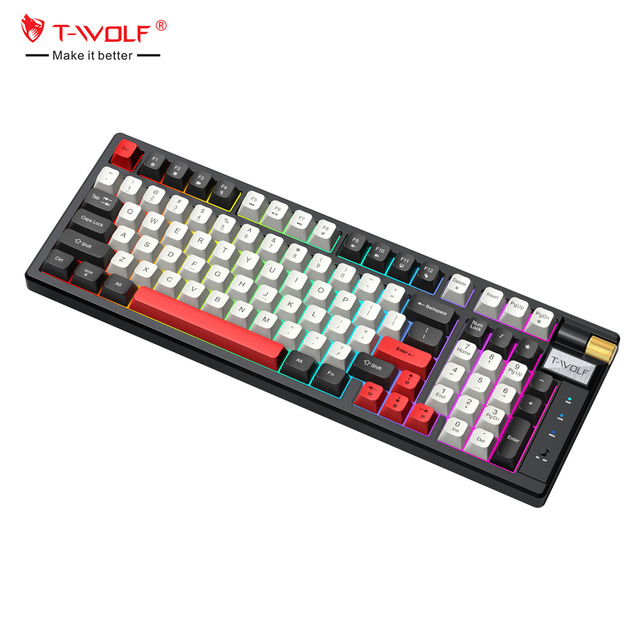 T-WOLF T70 Three Mode Mechanical Keyboard Hot Swappable Custom RGB Computer Gaming Keyboard Wireless Keyboard with Knob