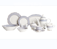Service de table haut de gamme en porcelaine bleue avec bordure dorée, 47 pièces