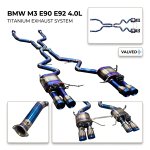 Sistema de Escape Trasero Vortex Titanium Violet Tuner para BMW M3 E90 E92 4.0L con Doble Válvula Servo y Boquillas Laterales Azules, Configuración Mod Line - Product Image 1