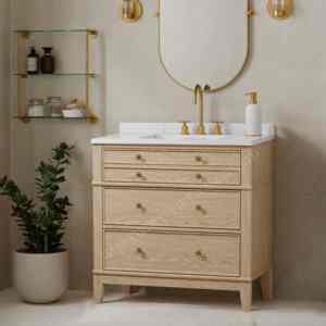 Meuble de salle de bain contemporain contreplaqué en bois massif avec lavabo en porcelaine LED peint en chêne clair écologique - Product Image 4