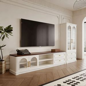 Meuble TV BALOM de style français en bois blanc avec portes en verre, ensemble de meubles de salon de luxe - Product Image 5