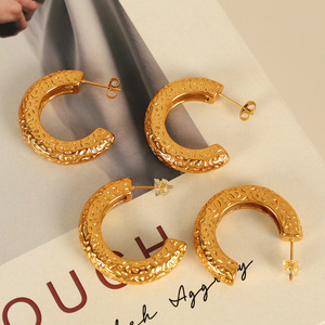 C Shaped Gold Earrings Hammered Texture <b>Titanium</b> Steel Stud Earrings For Women Party Fashion Jewelry - Product Image 3