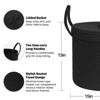 Panier de rangement rond en corde de coton tressé à la main avec couvercle, 15 po L x 15 po L x 13 po H, organisateur domestique, panier à linge sale