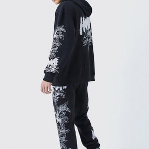 Men's Black Hooded Sweatshirt Set With Front Print Pocket Regular Fit Casual Autumn Wear - Product Image 4