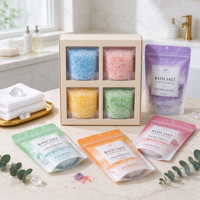 Sel de bain 500g en sachet refermable, naturel et biologique, aux senteurs de rose, lavande, eucalyptus et agrumes, pour bain relaxant, marque privée, coffret cadeau de sel de bain