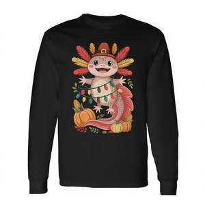 Linda camiseta de manga larga con diseño de axolote de Acción de Gracias, sombrero de peregrino y luces navideñas - Product Image 2