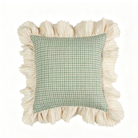 Französischer Landhausstil Zweifarbiger Gingham-Kissenbezug mit Rüschenrand 18x18 Zoll Natürliche Baumwolle Leinen Quadratischer Dekorativer Kissenbezug