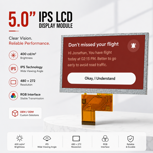 AT050TN33 V.1 Compatible 5 Inch IPS TFT LCD Display Module 480x272 RGB Interface ST7282A IC for Industrial HMI