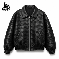 Veste en cuir tissé noir sur mesure pour homme QIFAN, col large, fermeture éclair centrale, poche diagonale, fabricant OEM ODM