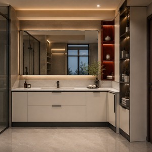 <span class=keywords><strong>Mobile</strong></span> Bagno Angolare a L Moderno e Personalizzabile <span class=keywords><strong>con</strong></span> Specchio, Ampio Spazio di Archiviazione e Armadietto Alto Integrato - Product Image 5