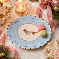 Nouvelle Assiette à Dessert de Noël en Porcelaine Blanche avec Décalque Personnalisé Teckel Bleu, Design 2026, pour Vente au Détail, Cadeaux, Cafés et Vaisselle de Fêtes