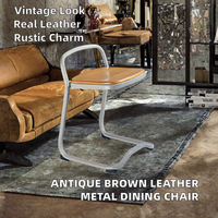 Chaise de salle à manger en fer antique, cuir véritable brun, structure en bois massif - Meuble rustique pour la maison, design réglable, garantie 1 an