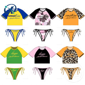 Costume da bagno da donna personalizzato stile sportivo t-shirt copri costume da bagno in tinta unita Set tre pezzi - Product Image 1