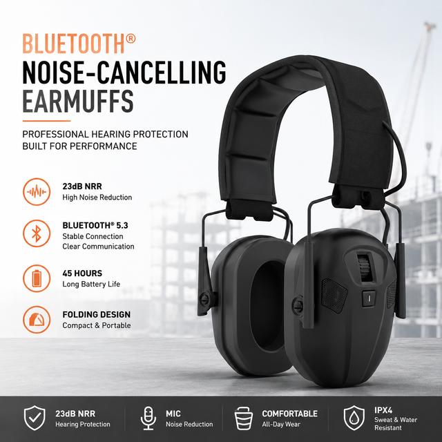 Bluetooth 5.4 Noise Cancelling Earmuffs Dual-Mic ENC Clear Voice Wireless Hearing Protection Foldable Safety Headphones