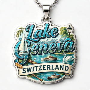 Pendentif souvenir du lac Genève, Suisse, en alliage de zinc plaqué argent, émail dur, forme irrégulière, impression numérique, artisanat métallique - Product Image 3