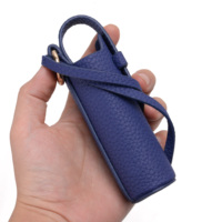 Étui cylindrique pour rouge à lèvres en PU grainé bleu marine, isolant thermique, anti-chauffage, portable, avec sangle de poignet et anneau métallique