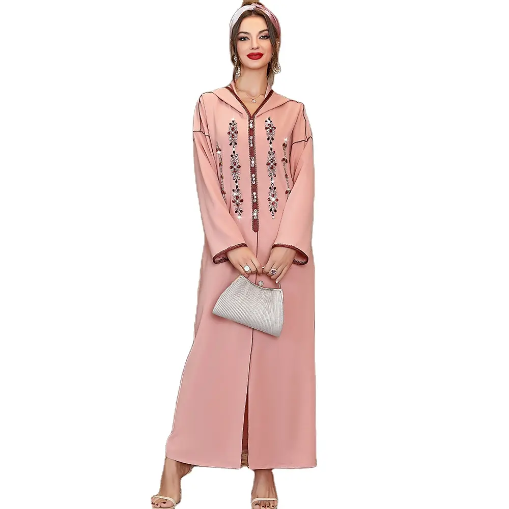 2022 Neues Design Kaftan Burka Modedesign Dubai Abaya Muslim Kleid Lotus Wurzel Spleißen dunkelroten Band schweren glänzenden Diamanten