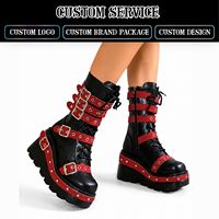 Botas de Tobillo Góticas para Mujer CHENO con Logotipo Personalizado, Color Negro y Rojo, Estilo Punk, con Hebilla
