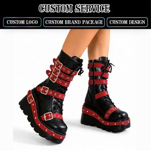 Bottines gothiques pour femmes CHENO avec logo personnalisé, noires et rouges, style punk, plateforme, avec boucle - Product Image 1