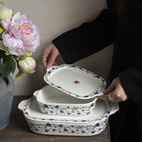 Plat de cuisson rectangulaire en céramique de luxe léger, bleu rose français, pour riz cuit, avec couvercle, idéal pour le stockage et les fruits
