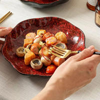 Service de table en céramique festonné rouge et noir effet four, comprenant bols, plat à poisson et cuillères, pour la maison, les mariages et les restaurants, vaisselle de luxe, coffret cadeau