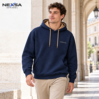 Sweat-shirts et sweats à capuche pour hommes en coton bleu marine foncé personnalisés sous marque privée, avec doublure de capuche contrastante kaki, cordon de serrage et motif graphique en lettres, style décontracté