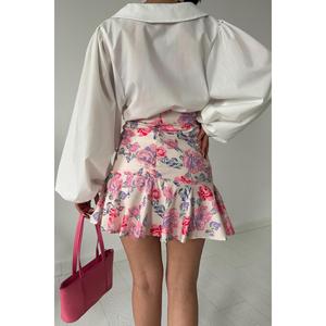 Falda de Algodón Floral Rosa XS de Verano al por Mayor, Estampado Bordado con Lentejuelas, Pliegues, Estilo Deportivo, Cintura Natural, Nueva para Primavera - Product Image 1