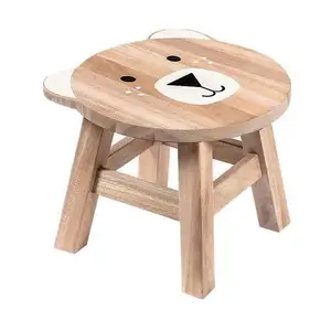 Cute Animal Crafted Natural Bear Wooden Stool For Children Living Room
