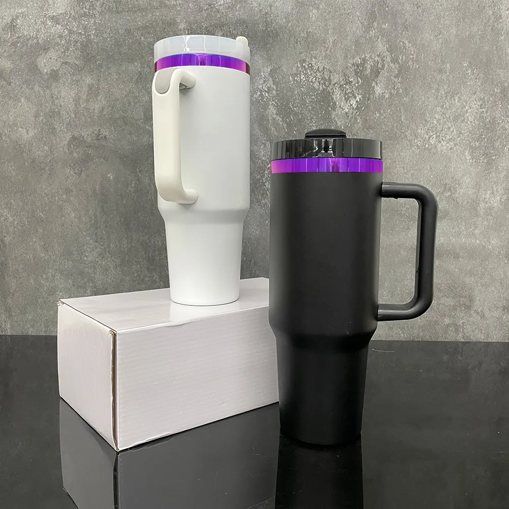 Laser Engraved Double Wall 304 Stainless Steel Vacuum powder coated purple plated insulated 40oz travel cup with lid and straw