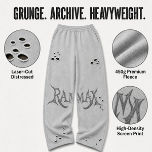 Pantalon de survêtement déchiré pour homme RAMAX, gris chiné, en molleton de coton 450g, coupe ample, style streetwear, avec imprimé graphique découpé au laser - Product Image 3