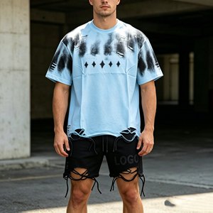 T-shirt en coton surdimensionné pour homme, manches courtes, col rond, ourlet effiloché, style streetwear, vêtements décontractés pour homme - Product Image 1