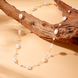 European American Style Retro White Pearl Irregular Size Chain Gold Plated Necklace Women's Everyday Wear - Product Image 3